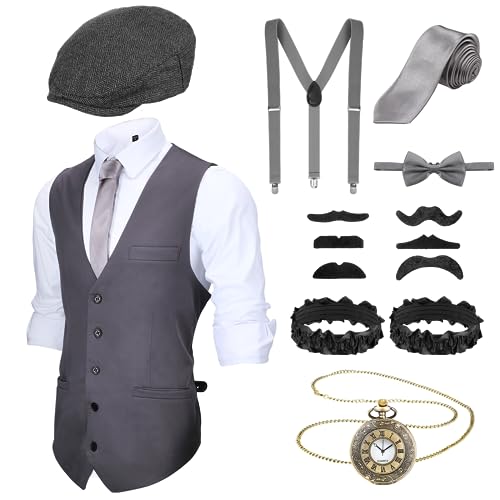 Blulu Conjunto de Acessórios para Fantasia Masculina 1920 Colete Gangster Chapéu de Vendedor de Jornais Relógio de Bolso Gravata (Cinza, M)