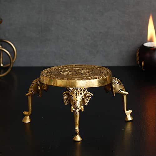 Image of eCraftIndia Golden Brass Chowki with Elephant Design Legs | Decorative Traditional Chowki for Idols & Rituals, Home Temple Gift Housewarming Birthday
