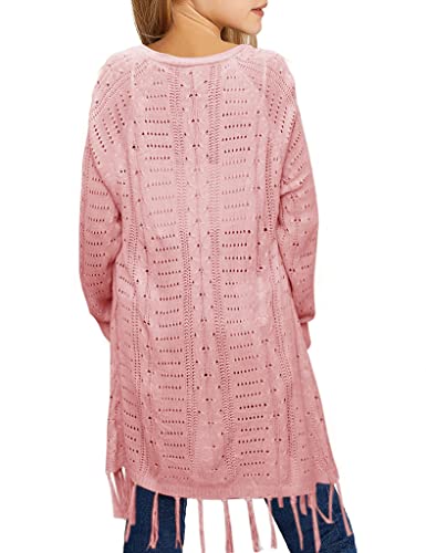 Soulomelody Girls Cardigan Open Front Lightweight Knit Hollow Out Crochet Tassel Long Sleeve Loose Sweater Coat Outwear Pink #TOP1