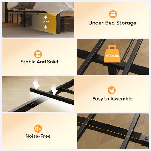 Image of LIKIMIO King Size Bed Frame, Storage Headboard with LED Lights and Charging Station, Metal Platform Bed No Box Spring Needed, Noise Free, Under Bed Storage, Natural and Cream