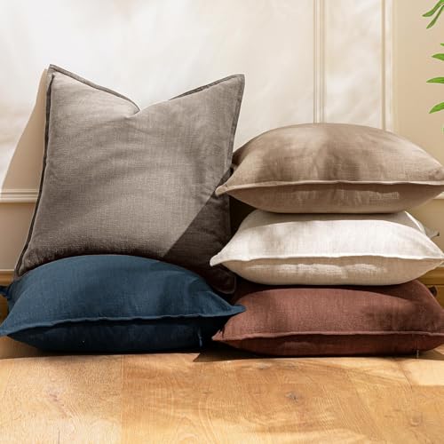 Image of Decorative Linen Solid Throw Pillow Covers 18x18 Inch Set of 2 Brown Tan Boho Accent Farmhouse Pillows Modern Neutral Home Decor for Couch Sofa Living Room Bed