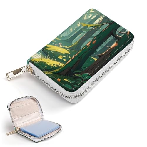 RFID Credit Card Holder Wallets for Women Cute Small Leather Ladies Cardholder Wallets Enchanted Wilderness Fantasy on Dark Green Card Organizer Case with Zipper2