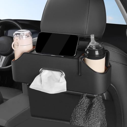 Carodi Organizador multifunción para reposacabezas trasero de coche, con portavasos, caja de pañuelos, gancho para reposacabezas para niños y adultos, accesorios de viaje para coche (negro)