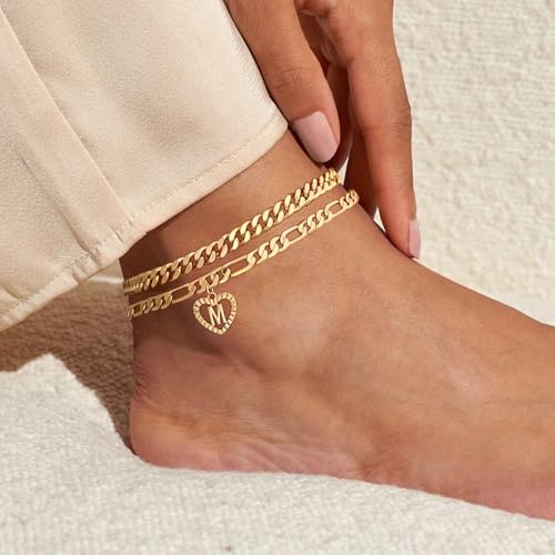 Image of Dainty Gold Ankle Bracelets for Women 14K Gold Plated Heart Initial Anklets for Women Stackable Cuban Figaro Chains Women's Anklets Anklets for Women Waterproof