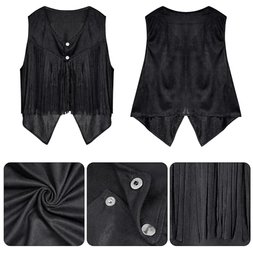 Women Tassel Vest 70s Hippie Sleeveless Faux Suede Rivets Fringe Vest Waistcoat Jacket Cowgirl Outfits2