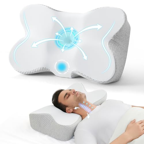 JOLLYVOGUE Cervical Neck Pillow for Pain Relief Memory Foam Side Sleeper Pillow with Cooling Pillowcase, Ergonomic Design for Back Stomach Sleepers, Medium, White