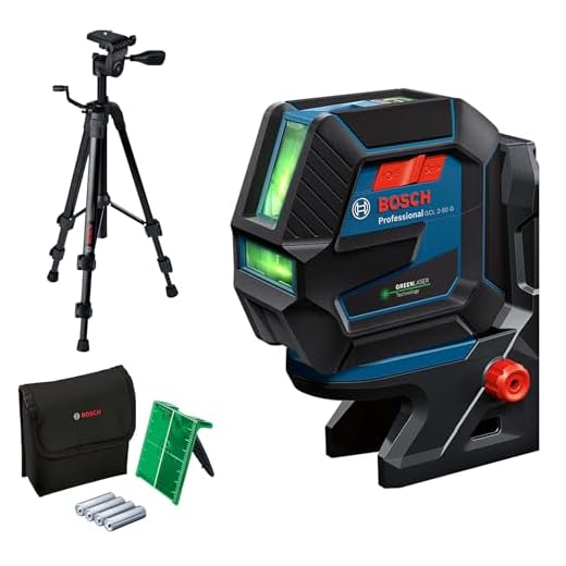 Bosch Professional Kreuzlinienlaser GCL 2-50 G (grüner Laser, Innenbereich, Halterung RM 10, Stativ BT 150, sichtbarer Arbeitsbereich: bis 15 m, 4x AA-Batterie, in Kartonschachtel)