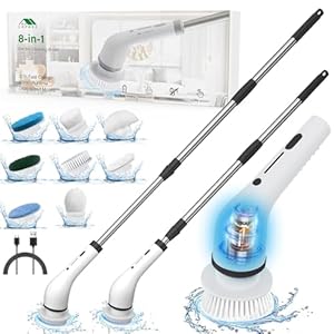 Lefree Electric Spin Scrubber, Cordless, 2 Speeds, Black, Plastic, w/ 8 Replaceable Brush Heads, for Cleaning Floors, Windows, Bathtubs, Grout, Tiles, Sink, Car