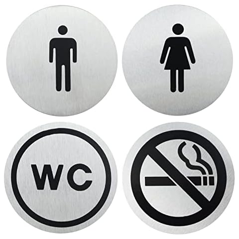 Self Adhesive Steel Toilet Signs, Set of 4 Signs: Men + Women + WC + Smoking Prohibition for Wall and Bathroom, Toilet and Office (Round 2) Cover
