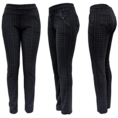 Sockenhimmel leichte Winterhose Damen gefüttert mit Polarfleece Stoffhose mit Gummibund Karo-Hose (Grau, 44-46)