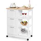 GOPLUS Carro de Cocina con Ruedas con 3 Cajones y 3 Niveles, Carrito de Cocina de Madera con 1 Bandeja Extraíble y Freno, Ideal para Cocina, Salón, Pasillo, 67 x 37 x 83,5 cm, Blanco y Natural