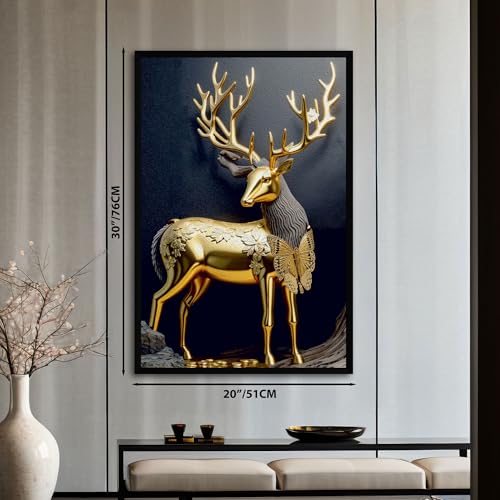 Image of The Castle Decor Golden Deer Wall Painting | Lucky Charm Abstract Deer Art for Living Room & Bedroom | Multicolor Sparkle Laminated Wall Art with Frame - 20x30 Inches