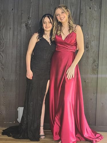 Image of Tvuyet Satin Bridesmaid Dresses with Slit Pleated A Line Spaghetti Straps Formal Prom Evening Gowns