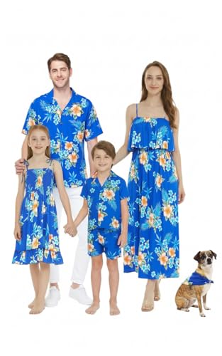 Image of Matchable Family Hawaiian Luau Men Women Girl Boy Clothes in Hibiscus Blue