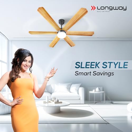 Image of Longway Luminair Max 1200 mm BLDC Ceiling Fan with Remote Control & LED Light|BEE 5 Star Rated Energy Efficient|Ultra High Speed 6 Blade Anti-Dust Decorative|5 Years Warranty (Golden Birch, Pack of 1)