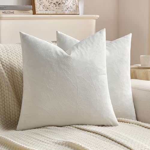 Image of FUTEI Pack of 2 Velvet Throw Pillow Covers 20x20 Inch Soft Embossed Leaf-Relief Textured Decorative Cushion Cases Modern Natural Farmhouse Accent for Couch Bed Living Room, Cream
