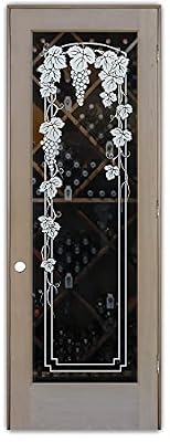 Frosted Glass Wine Door - Vineyard Grapes Trellis - 1D Positive Clear - Grapes & Ivy - 28" x 84" - Knob on Left - Pull Open - Alder Clear
