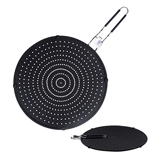 Queceuy Silicone Splash Guard For Frying Pans 12.5 With Folding Handle Splash Guard Multi-Purpose Splash Guard For Grease Insulated Cooling Pad, Frying Pan Splash Guard (Black) #TOP20
