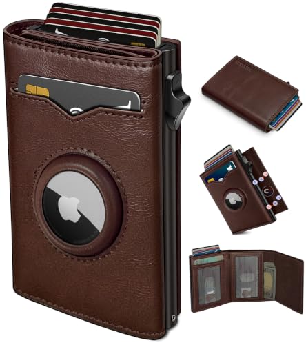 Image of miyozi Airtag Wallet for Men,with Cash Pocket 2 ID Window 9-12 Cards,Metal Case Smart Slim Pop Up Credit Card Holder Flip with Magnetic Closure RFID Blocking Trifold wallet with Gift Box