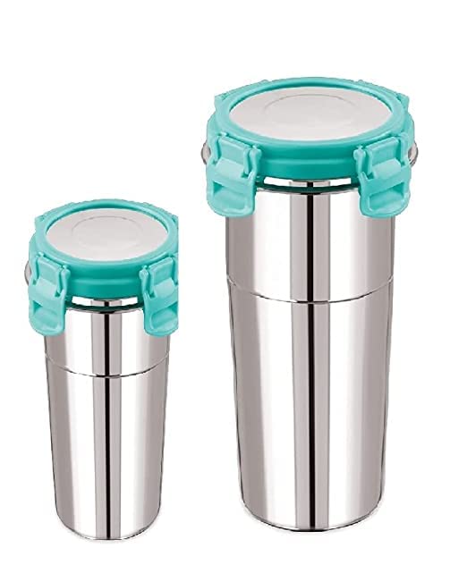 Image of Stainless Steel Glass Tumbler with Stainless Steel Lid (Multicolor) (400ml +600ml)