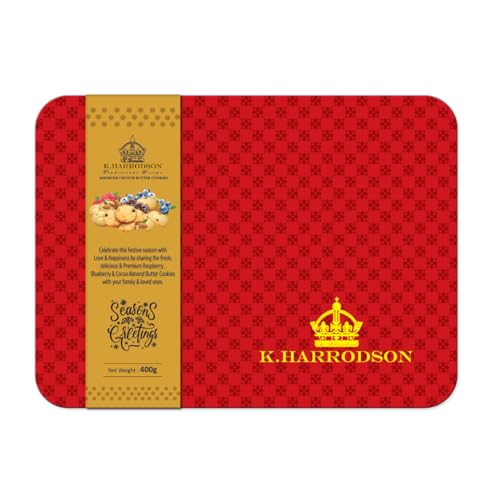 Image of K.Harrodson Assorted Crunch Butter Cookies • Cocoa Chips & Almond • Blueberry & Almond • Raspberry & Almond • Red Tin Gift Box, 14.11 oz ℮ 400 g