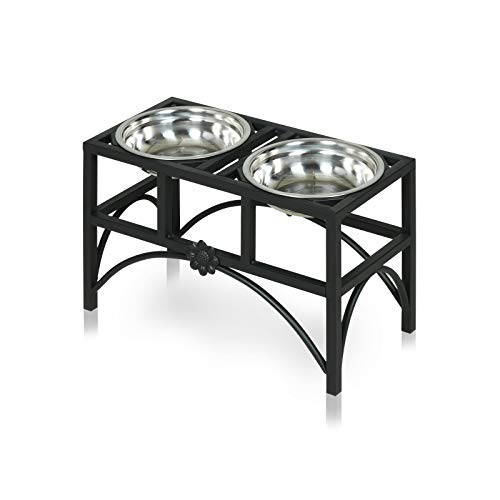 Nurxiovo Pet Feeder Bowls for Dogs and Cats 2 Stainless Steel Food Bowls Raised Pet Dining Table Diner Dish Bowls Elevated Large Dog Treats 17’’, Black Rack+ 2 Bowls