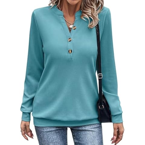 EADINVE Womens V Neck Long Sleeve Sweatshirts Half Button Lightweight Pullover Fashion Fall Clothes Teal Cover