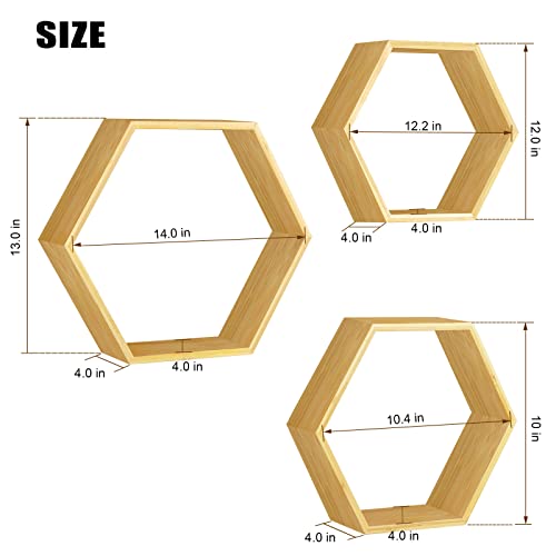 Floating Hexagon Shelves Set Of 3 Hexagonal Storage Shelves Bedroom Bamboo Wall Honeycomb Floating Shelf Display Storage Rack For Wall Decor Hexagon Shelves For Living Room Hallway Farmhouse #TOP2
