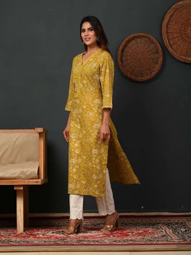 Image of Rimeline Women's Cotton Printed Kurta with Lace Trim Neckline | Straight Fit Ethnic Wear for Office, Casual & Daily Use