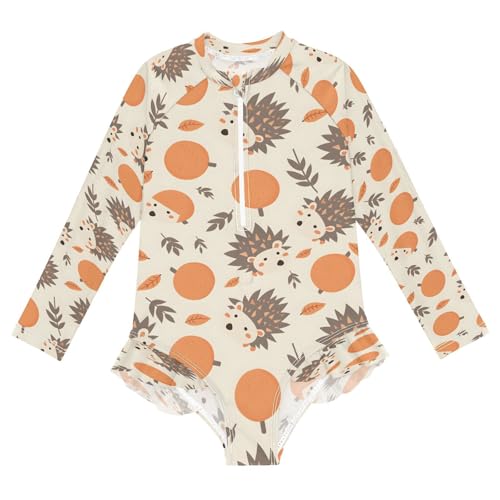 Hedgehog and Tangerine Girls Long Sleeve Swimsuits One Piece Zipper Bathing Suit UPF 50+ Rashguard Swimwear
