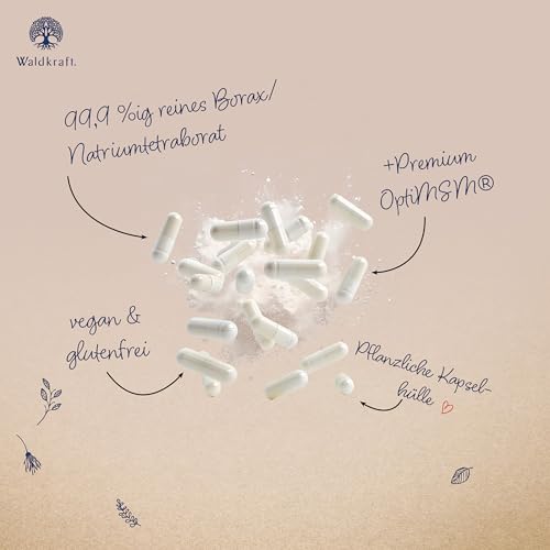 Waldkraft Borax + MSM Kapseln | 99,9% ig reines Natriumtetraborat und OptiMSM® | Lebensmittelqualität | Nachhaltig verpackt in Braunglas | Exklusiv bei Waldkraft | 120 pflanzliche Kapseln
