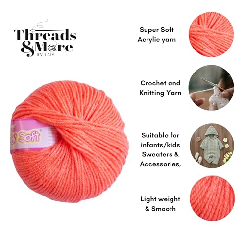 Image of Vardhman Baby Soft Yarn Pack of 6 - 4-Ply Acrylic Wool 150g Total | Soft Yarn for Knitting & Crocheting Baby Blankets, Sweaters, Toys & Accessories | 86m per 25g Ball (1, Salmon Pink)