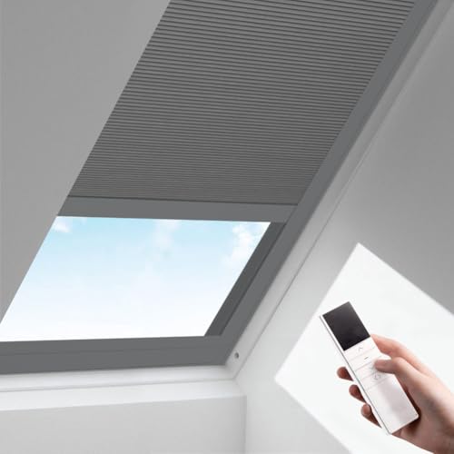 Zshine Motorized Cellular Shades Cordless Honeycomb Blinds Full Blackout Fabric Window Shades for Skylight (93021F Dark Grey) Grey Full Blackout