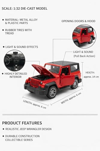 Image of Thar Diecast Matel Toy Car for Kids 1:32 Scale with Pull Back Action | Openable Doors Mini Jeep SUV Model Vehicle with Lights & Sound | Collectible Toy Car Gift for Kids Boys Girls 3+ Die Cast (Red)