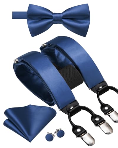 Image of Hi-Tie Men Suspender Bowtie Set Suspenders Pre-tied Bow Tie Pocket Square Cufflinks Adjustable Y Shape 6 Clips Braces Tuxedo