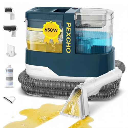 PEXCHO Limpiador de Tapicerias 18kPa Aspiradora de Agua Tapiceria 650W Maquina Limpia Tapicerias para Sofas Alfombras Coche Colchones y Mascotas con Autolimpieza,Depositos Extraibles,Tubos flexibles