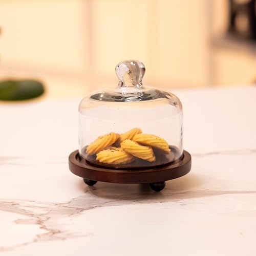 Image of Sugary Affair Acacia Wood Cake Stand with Glass Dome - Compact Wooden Cake & Dessert Display Stand, Glass Cloche for Cupcakes, Pastries & Small Cakes