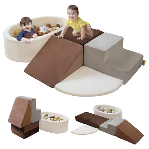 Image of BanaSuper 6-Piece Climbing Toys for Toddlers, Kids Foam Blocks Playset with Ball Pit (Balls not Included), Toddler Indoor Soft Play Gym Activity Play Set for Crawling, Sliding and Playing(Grey&Brown)