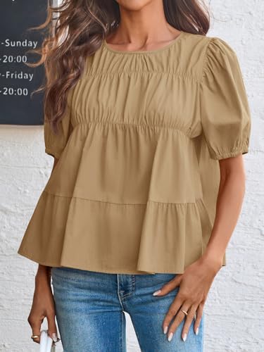 Image of Tankaneo Womens Puff Sleeve Peplum Babydoll Tops Summer Flowy Pleated Cotton T-Shirts Casual Loose Fit Cute Blouse