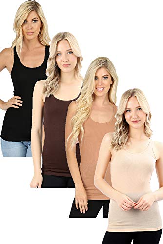 Zenana Outfitters 4 Pack Womens Basic Ribbed Racerback Tank Top - Black, Brown, Tan, Beige - Large