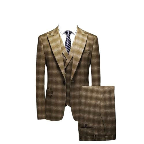 Men’S Retro Plaid 3-Piece Wedding Suit Slim Fit Blazer Vest & Trousers Classic Set