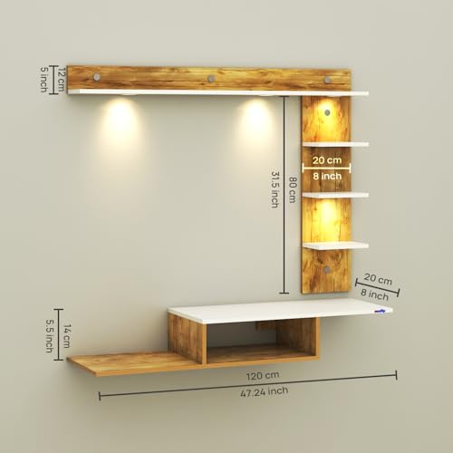 Image of Wintor Engineered Wood Wall Mounted TV Unit with 4 LED Lights,3 Open Shelves,1 Storage Box & Decorative Display Shelf for Living Room | Ideal for Upto 43 Inch TV- GiantWood /White(DIY Assembly)