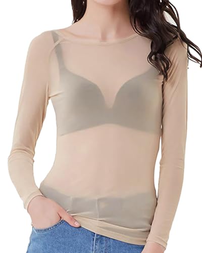 Mesh Tops for Women Long Sleeve Mock Neck Fitted Sexy Top Bodycon Clubwear Sheer Pure Mesh Tops T Shirts
