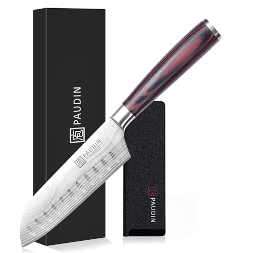 PAUDIN 三徳包丁 小型 130mm 万能包丁 シェフナイフ 高炭素ステンレス鋼 デポット加工 木製ハンドル 切れ味良い 肉・魚・野菜対応 キッチンナイフ 家庭用 贈り物