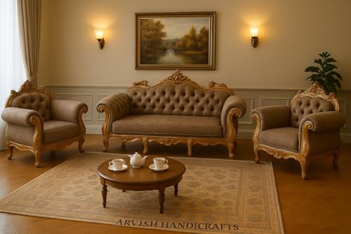 Image of Luxury Antique Sofa Set in a Classic Living Room Setting Solid Teak Wooden Five Seater Sofa Set with Cushion for Living Room | Honey Brown Finish | 208D x 76W x 119H cm (Design1)