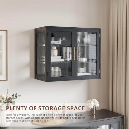 Black Glass Display Wall Storage Cabinet, Wall-Mounted Bathroom Cabinet with Adjustable Shelves, Modern Floating Storage for Kitchen/Dining/Laundry - Image 6