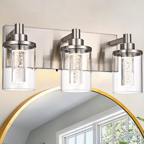 Image of Brushed Nickel Bathroom LED Vanity Lighting Over Mirror- 3 Lights | Modern Integrated LED Vanity Light Fixtures Wall Mounted for Bathroom with Crystal Bulb Clear Glass Shade