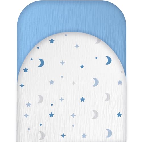 Image of Muslin Bassinet Sheets for Baby Boy Girl- Extra Soft 100% Cotton Bassinet Sheets Fitted for Oval Rectangle Hourglass Mattress, 2 Pack(Blue&Moon Star)