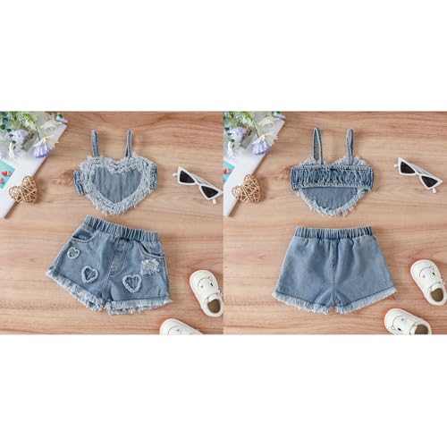 2PCS Infant Baby Girl Raw Edge Heart Shape Strap Crop Tops + Heart Ripped Denim Shorts Clothes Sets3