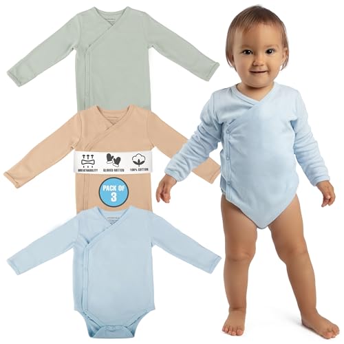 Image of EZDORABLE Baby Onesies – Pack of 3 Soft & Breathable Newborn Onesies, Long-Sleeve Bodysuits with Mitten Cuffs & Nickel-Free Snaps – Unisex Baby Clothes for Boys & Girls (0-3 month)